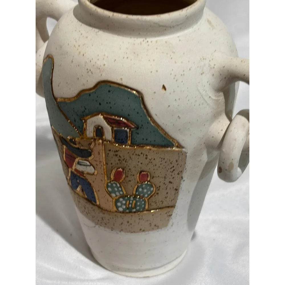 Southwestern Hand Painted Pottery Vase Desert Scene Ring Handles Gold Trim Aztec